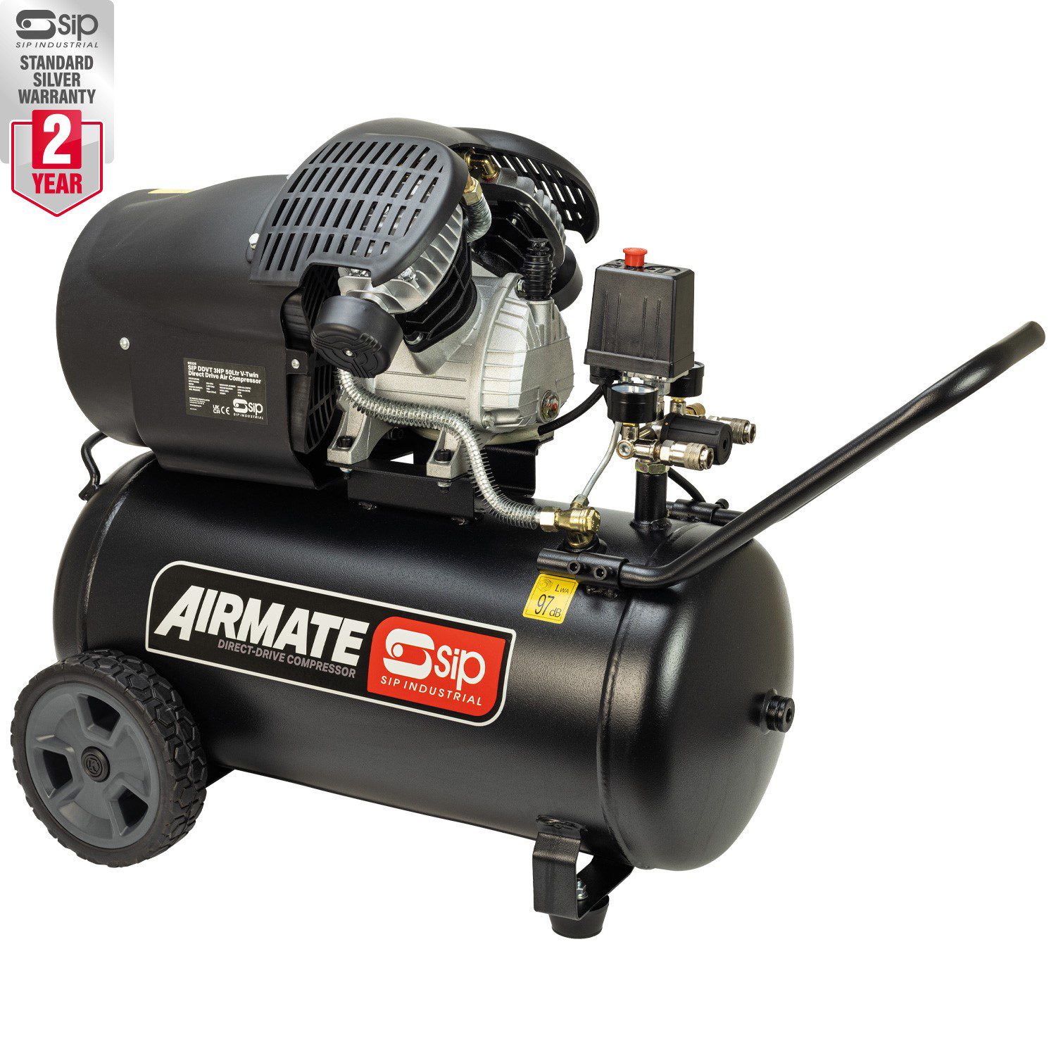 4430-extra-large The SIP 05325 DDVT 3hp 50ltr V-Twin Direct Drive Compressor is a highly versatile and efficient compressor ideal for general purpose work area applications.
